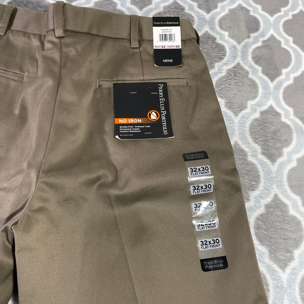 Perry Ellis Portfolio Dress Pants Mens 32x30 Brown Flat Front No Iron Cotton - Picture 10 of 11